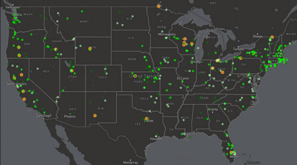 EWG map showing U.S. locations of reported toxic algae outbreaks since 2010